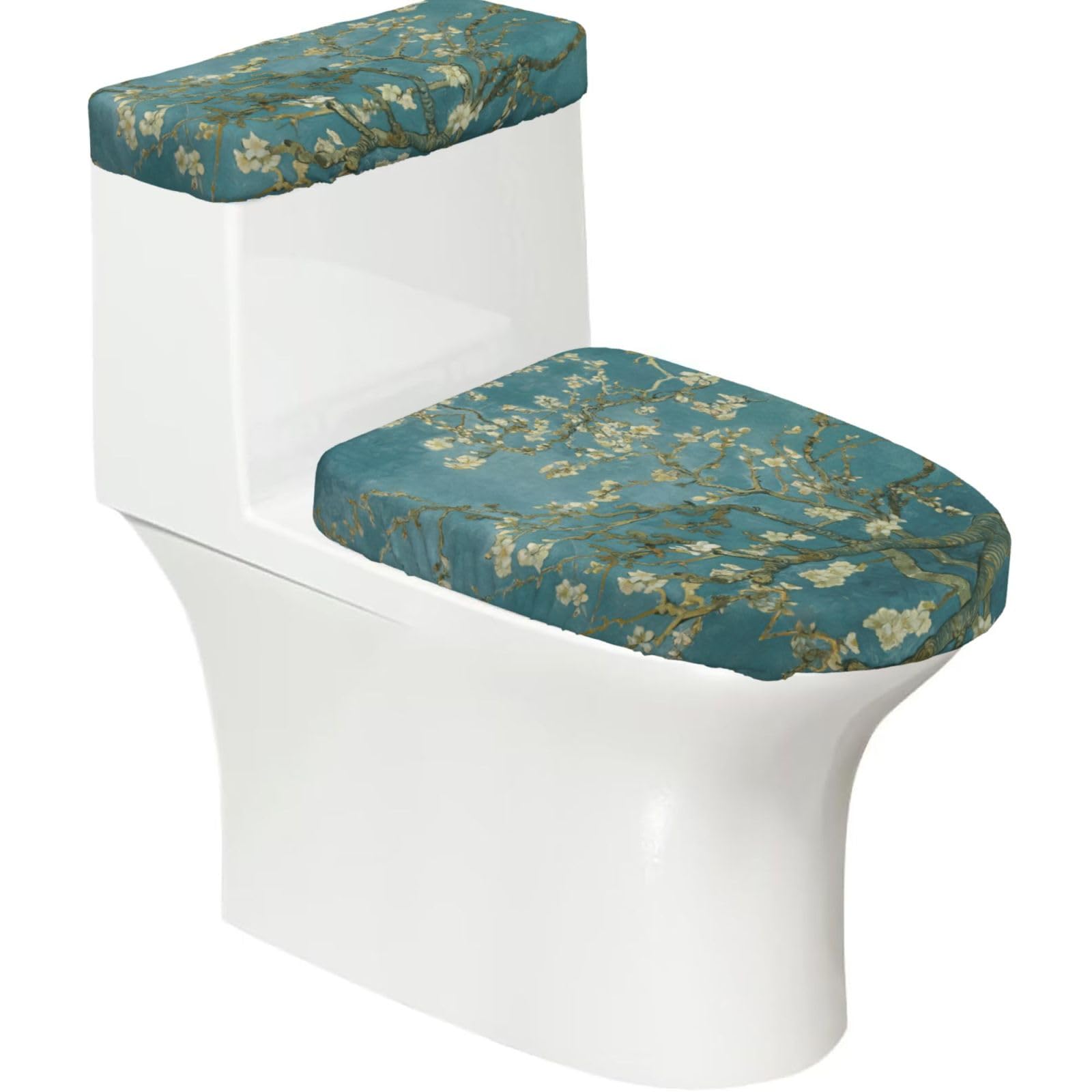 Almond Blossom Printed Toilet Tank and Lid Cover Set of 2 for Most Bathrooms, Fits Elongated Round Toilets