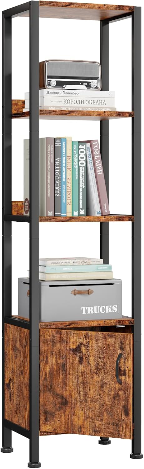 Furologee 5-Tier Bookshelf, Narrow Shelf with Storage Cabinet for Bedroom, Metal and Wood Shelf, Industrial Freestanding Display Tall Shelf for Living Room, Home Office, Bathroom, Rustic Brown