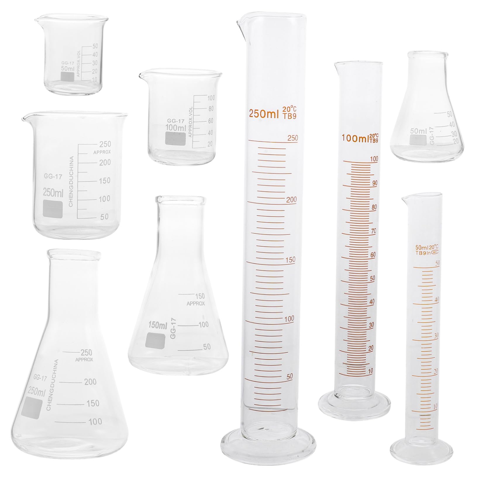 Cabilock 9piezas Cristalería Para Laboratorio Incluye Vaso Medidor Graduado Matraz Erlenmeyer y Probetas Para Experimentos Científicos Casa o Escuela