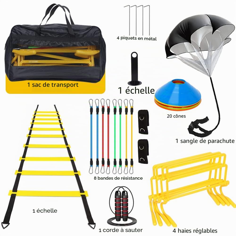Kit d'entraînement d'agilité de vitesse, équipement d'entraînement de football, échelle d'agilité, parachute de résistance, 20 cônes de disque, bandes de résistance pour les jambes, 4 haies