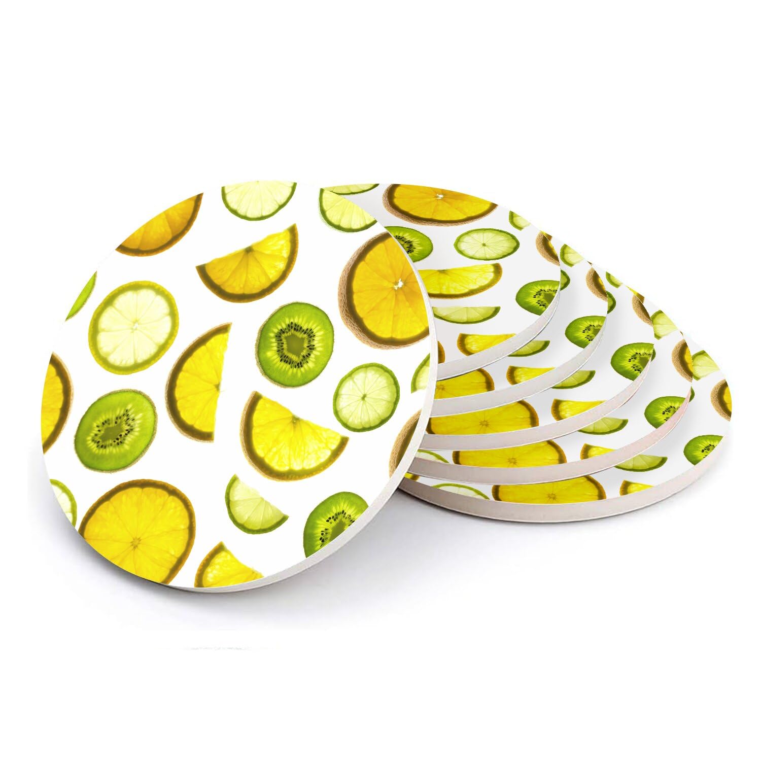 Sous-verre ronds en céramique décor citrons, dessous de verre blanc 108x108mm lot de 6