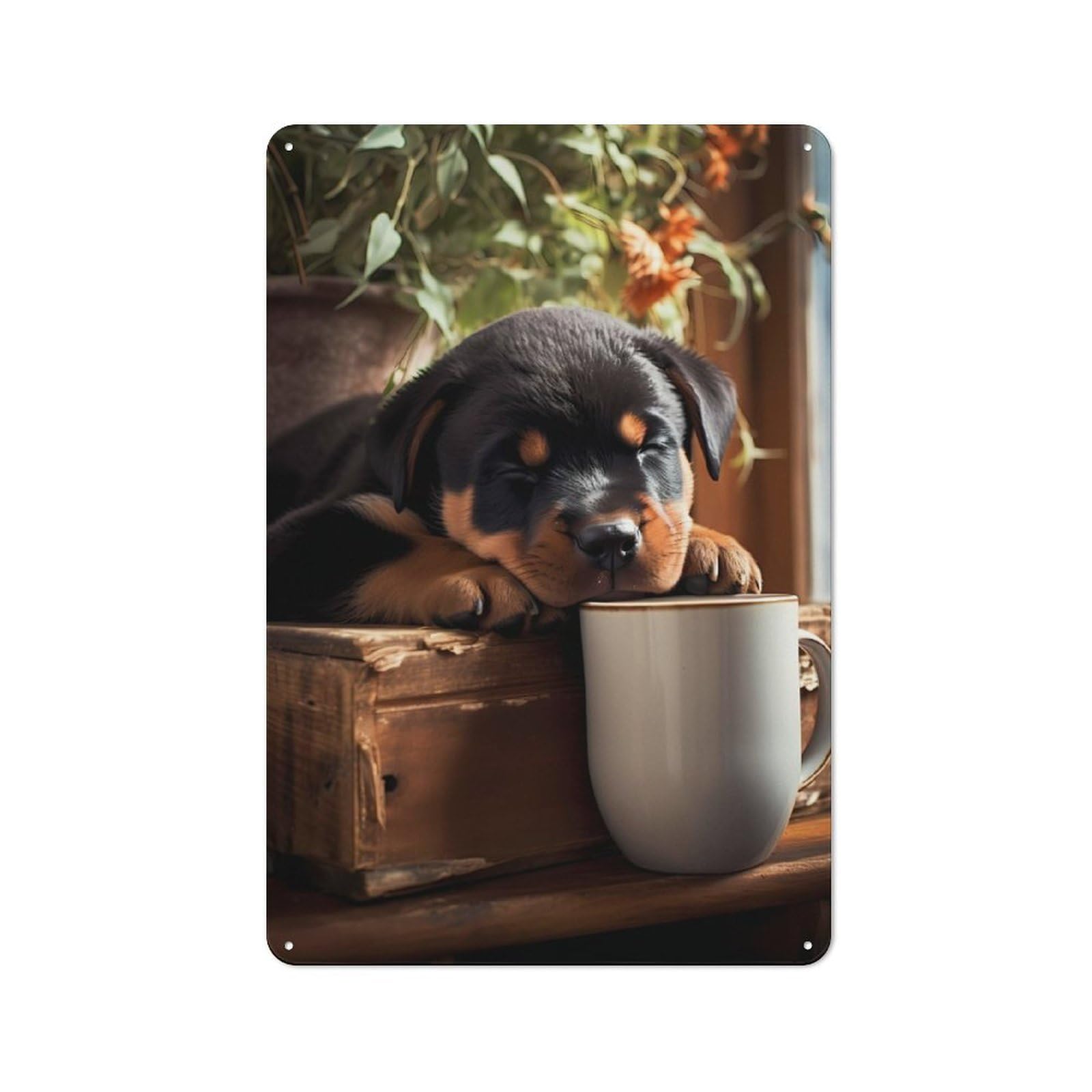 Junmoney Cute Puppy Rests Near Mug For Garden Room Or Summerhouse, Retro Tin Sign 30X20cm, Suited To Wall Displays In Garden Rooms And Summerhouses