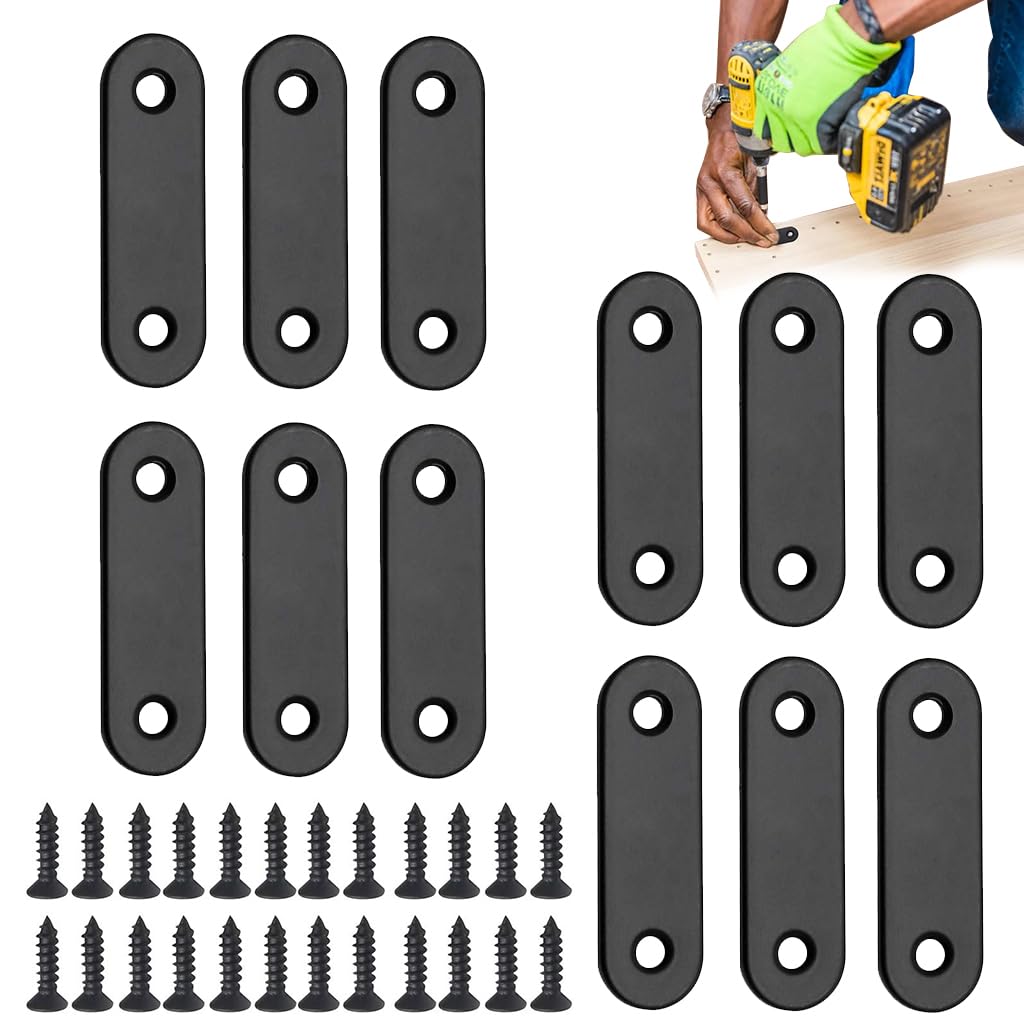 Serplex® 12Pcs Flat Plate Straight Bracket with Screws, Flat Brace Bracket Stainless Steel Mending Joining Plates for Wood, Board, Bed Frame, Furniture & Shelves, 2" x 0.6", Matte Black