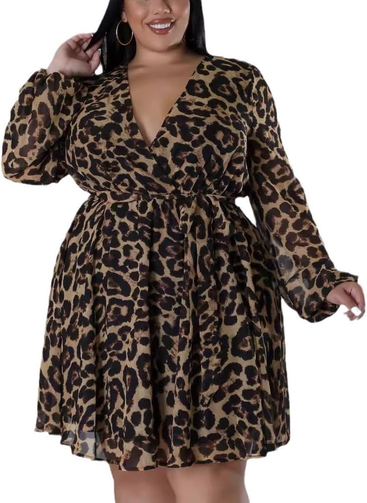 Sunlips Women's Sexy Plus Size Lapel Shirt Puff Long Sleeve Flowy Swing Dress Wedding Guest Cocktail Dresses