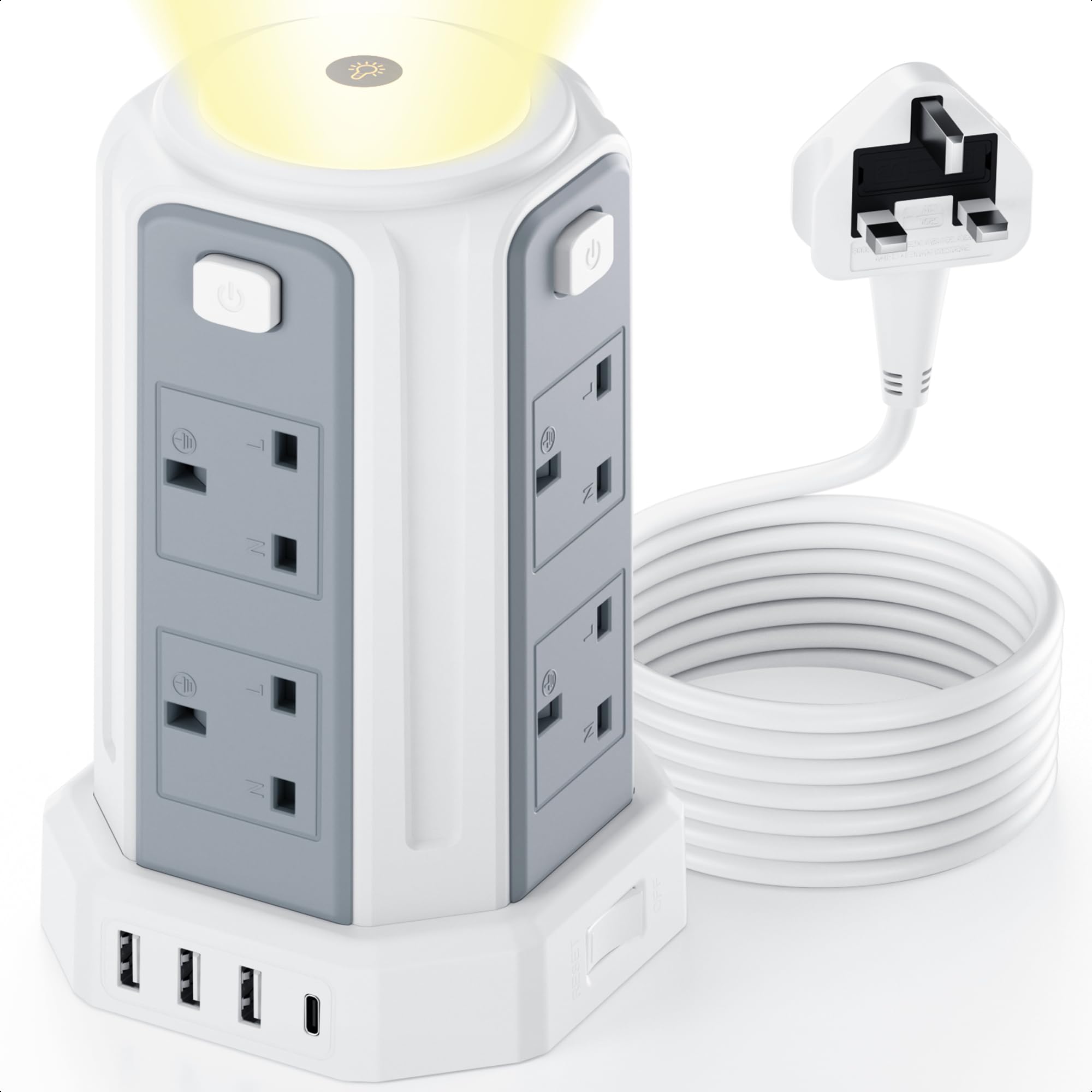 Tower Extension Lead (3250W 13A) Extension Tower with Night Light 8 AC Outlets & 4 USB Ports Surge Protection Extension Lead with 4 Independent Switch, Extension Cable 3M for Office, Home