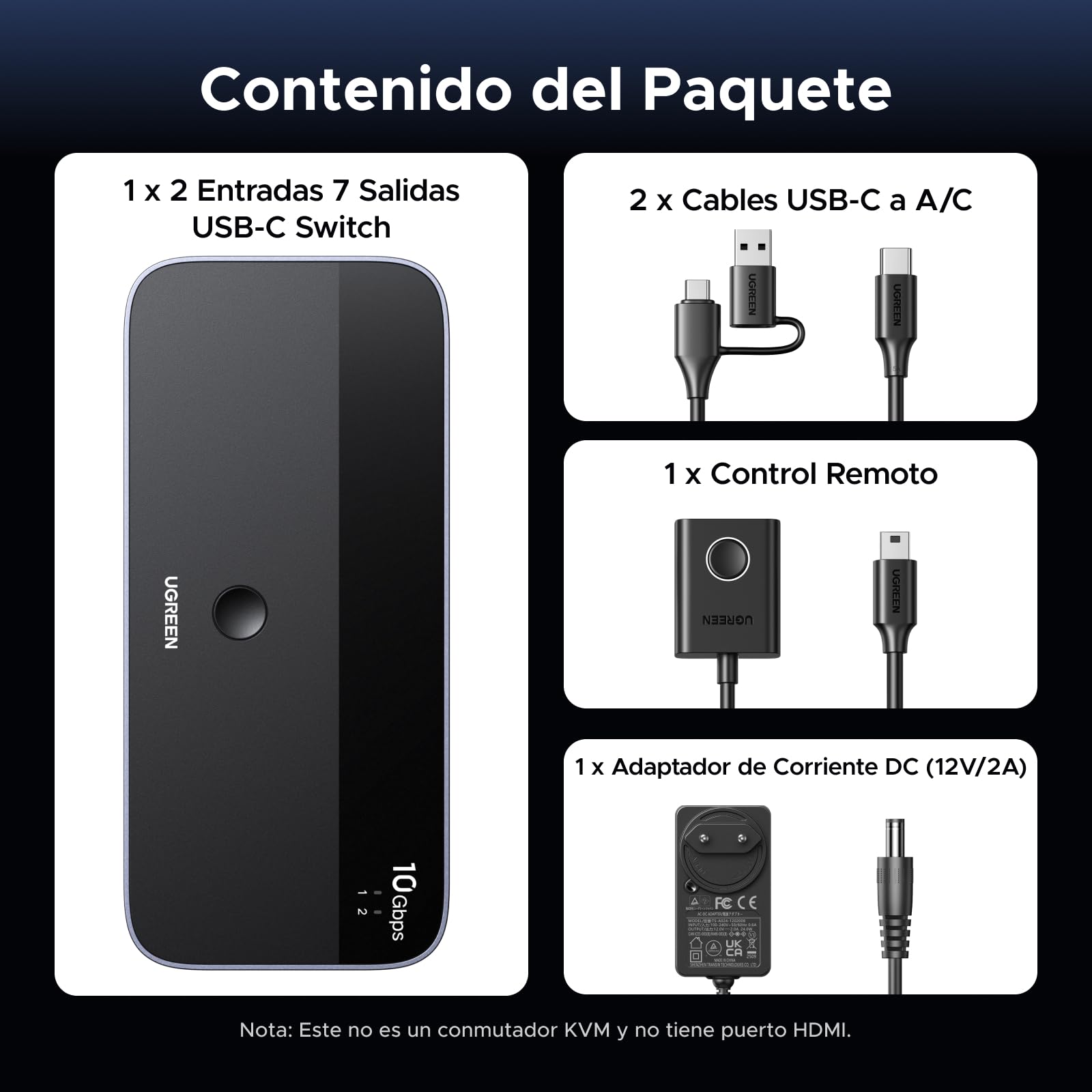 UGREEN Switch USB C 3.2 10 Gbps Conmutador KVM 2 Entradas de PC Comparten 7 Dispositivos USB (4A3C) para Teclado Ratón Disco Duro Impresora Escáner y Micrófono con Adaptador de Corriente DC 12 V