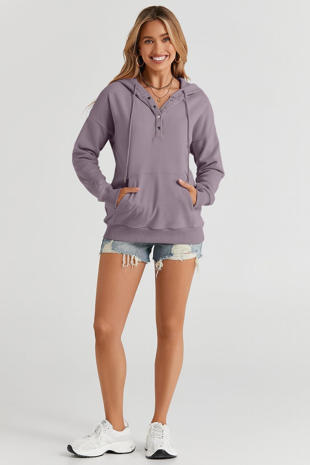 Dokotoo Womens 2025 Hoodies Button Collar Drawstring Hooded Pullover Sweatshirt Casual Long Sleeve Tops Shirts - Image 3