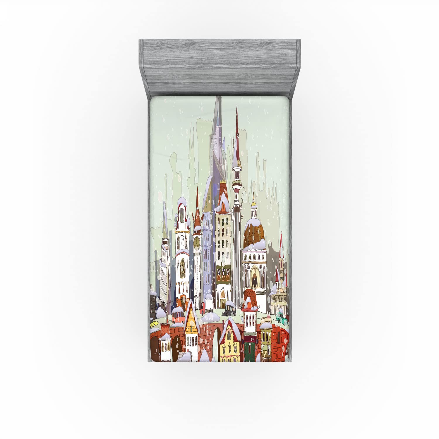 Ambesonne Christmas 2 Pack Fitted Sheet, Xmas City Holiday, Bed Cover All-Round Elastic Deep Pockets 2 Pieces, Package Contains 2 Twin Size Fitted Sheets, Green Lavender