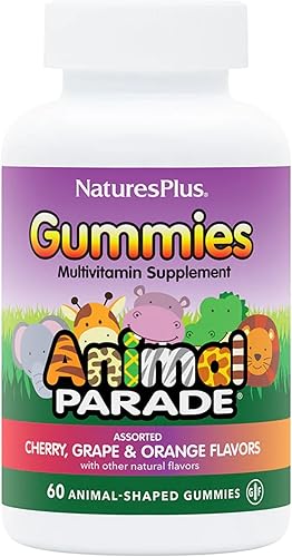 NaturesPlus Animal Parade - Multivitamínico para niños, 50 gomitas con forma de animal, varios sabores de cereza, uva y naranja, sin gluten, 30