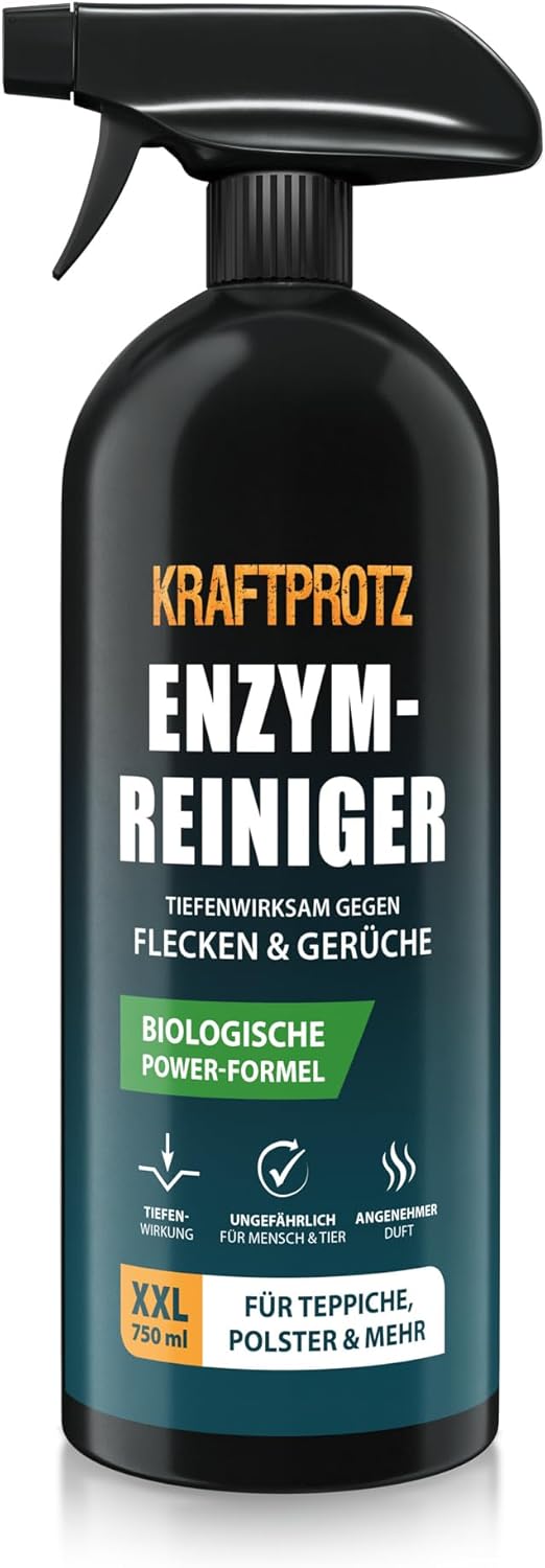 Enzymreiniger – Geruchsentferner & Fleckenentferner Spray 750 ml – porentief & biologisch – für Sofa, Teppich, Matratze, Auto & Haushalt – gegen Schmutz, Schweiß, Gerüche & Tierspuren – KRAFTPROTZ