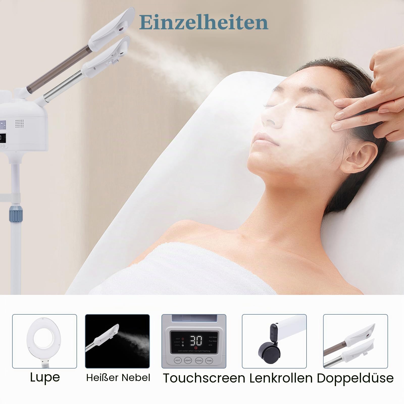 Vapozon Ästhetisch, professionell, 3 in 1, Vapozon, tragbar, Dampfdampf, Gesicht, mit LED-Licht und Lupe, höhenverstellbar, Warm- und Kaltmodus, 360 ° drehbare Düse, für Schönheitssalon