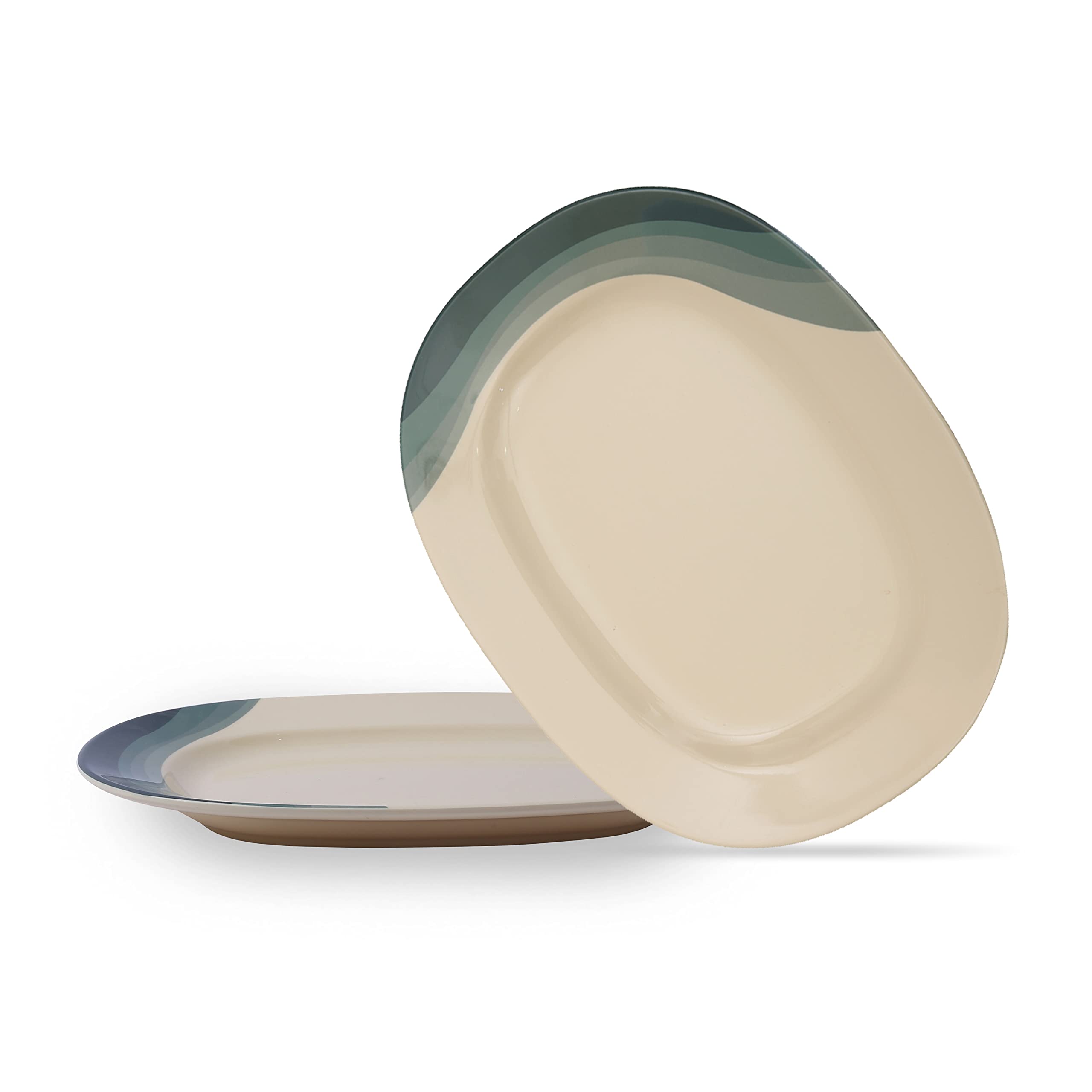 Superware Set Of 2 Melamine Oval Plates 12", Dune Dark Green On Yellow