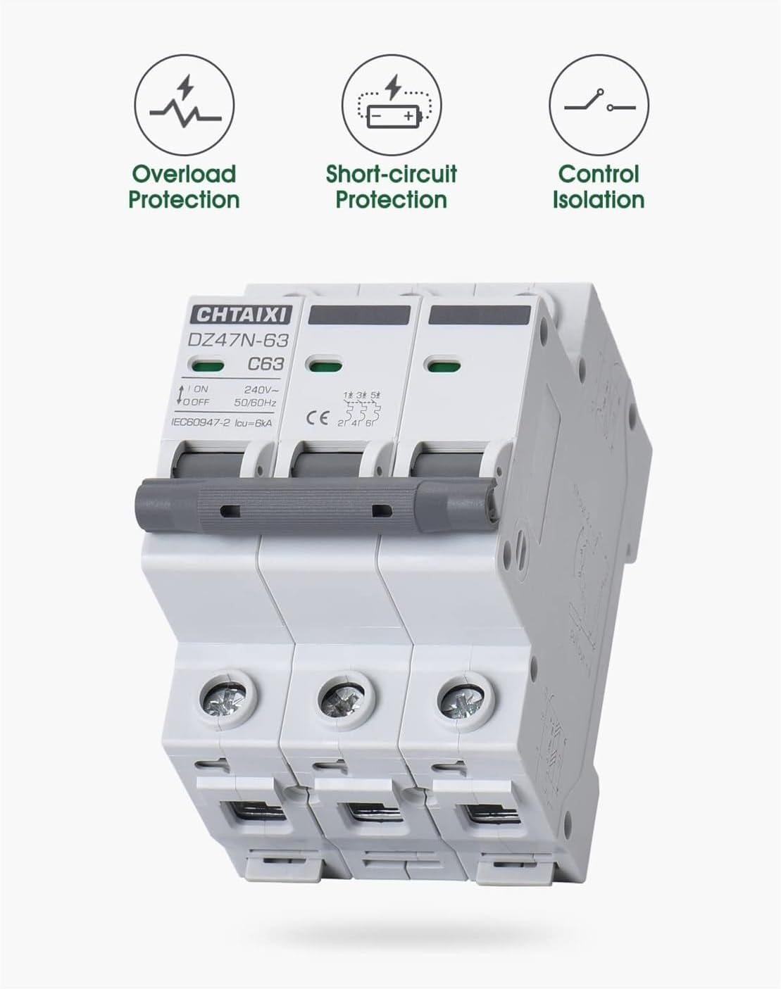 3P DIN Rail Mount Circuit Breaker, 63 Amp 240V AC Miniature Circuit Breaker Thermal Magnetic Trip AC Disconnect Switch MCB C63(240V,47N63-3PC_40 AMP)
