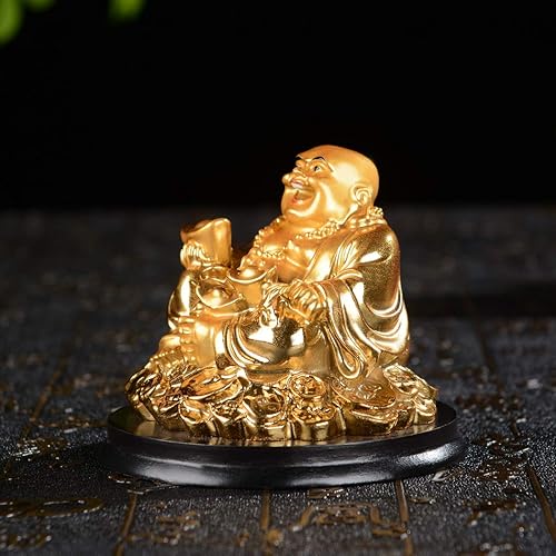 Miniatura 7 de Brass Statu BRABUD - Figura de resina dorada de Buda sonriente sentado en monedas, figura de Feng Shui, riqueza, regalo de la suerte, decoración