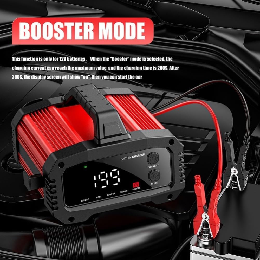 12V/24V Autobatterie Ladegerät, 30A Ladegeräte für Autobatterien, Batterieladegerät für Auto, Motorrad, Rasenmäher, Boot, Lithium, mit LCD-Bildschirm (EU)