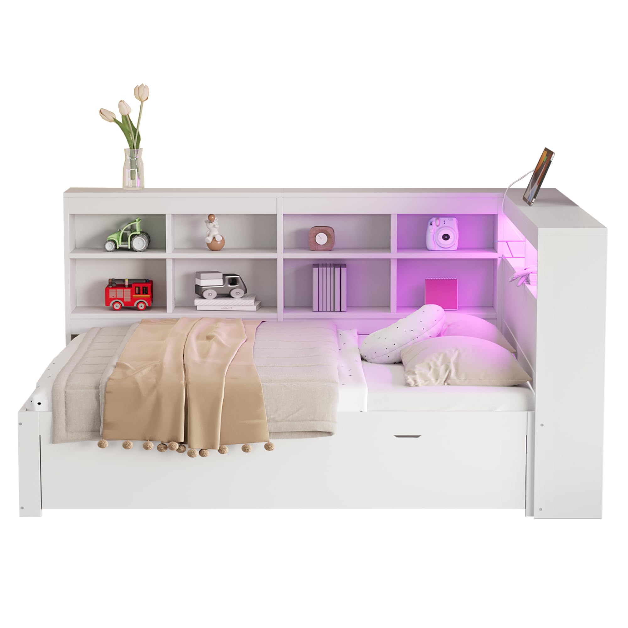 Kehun Doppelbet Sofabett 140x200 cm mit LED und USB Port, Schlafsofa Tagesbett mit Stauraum Schubladen und Ablagefach Kopfteil, Holzbett Bett mit Lattenrost aus Holz, Weiß, Ohne Matratze