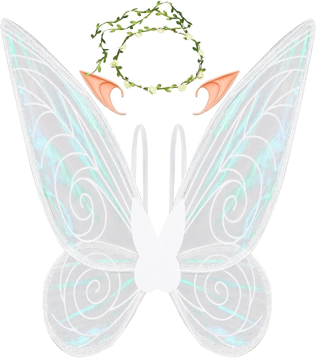 PATPAT Fairy Wings For Girls For Kids 5+ Years,Butterfly Wings For Baby Girl Butterfly Theme Birthday Party Decorations With Elf Ears Angel Wings Flower Garland For Decoration,Halloween Costume,White