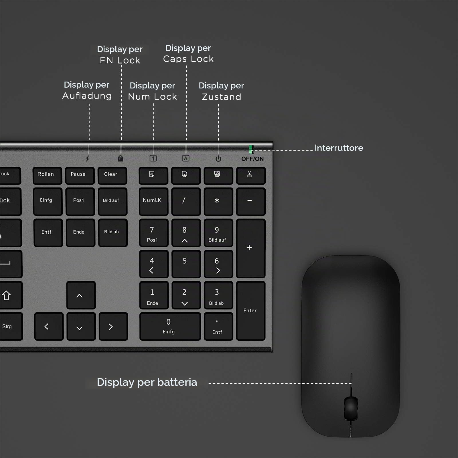 seenda Set tastiera e mouse wireless, ultra sottile e alluminio, QWERTZ