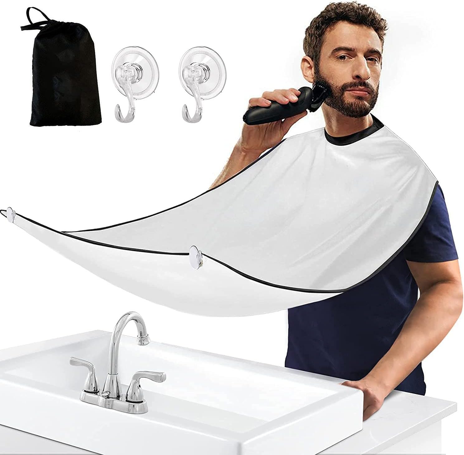 BinBinBeard Bib, Men's Shaving and Beard Trimming Apron, Beard Catcher, Non-stick Waterproof Shaving Cloth, with 2 Suction Cups and Travel Bag, the Best Gift for Men-white