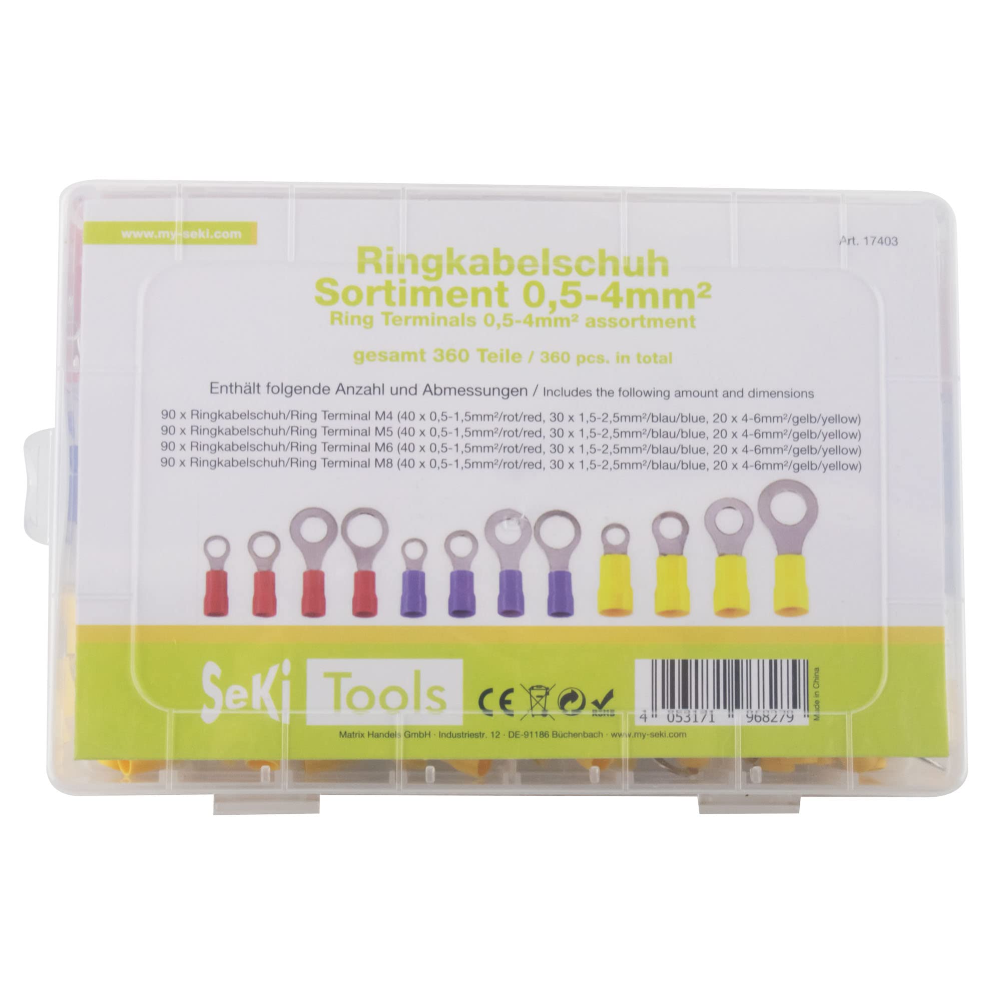 SeKi 17403 0,5-4 mm końcówki kablowe, izolowane, 360-częściowy zestaw końcówek kablowych 0,5-6,0 mm² M4/M5/M6/M8, złączki zaciskowe, zestaw złączek zaciskowych zgodnie z normą DIN, różne