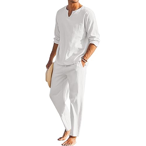 COOFANDY Men's 2 Pieces Cotton Linen Set Henley Shirt Long Sleeve and Casual Beach Pants Summer Yoga Outfits