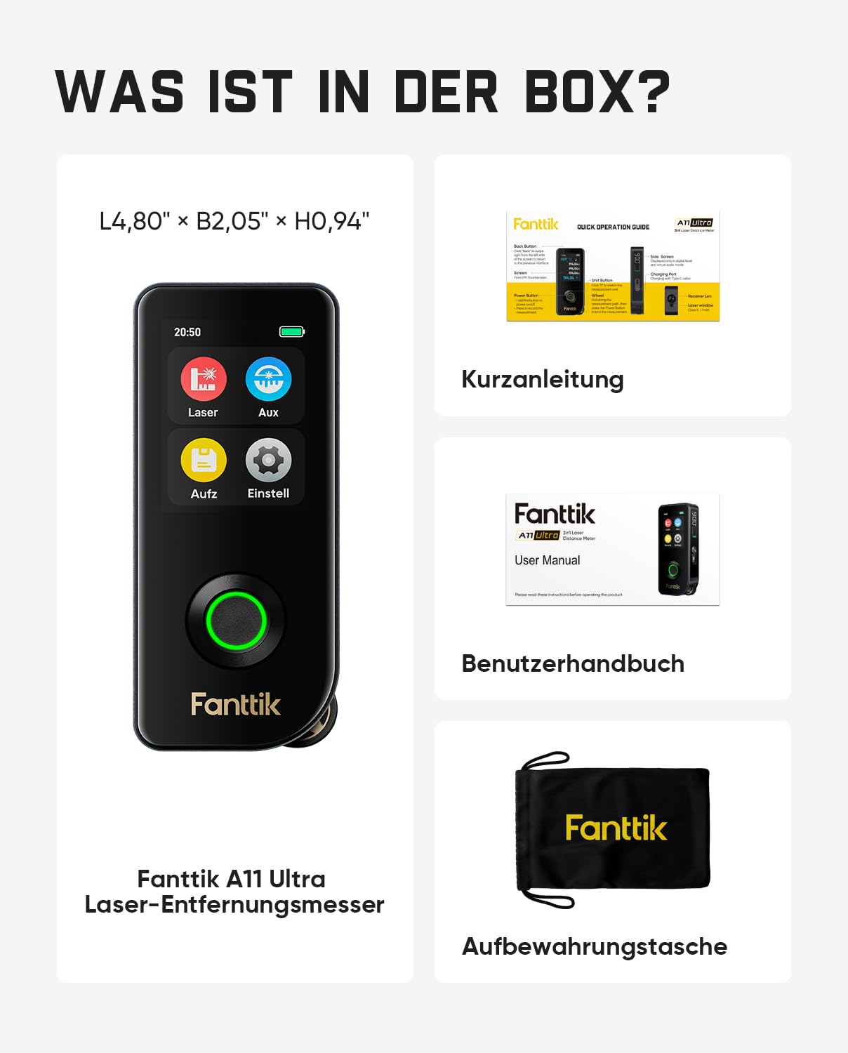 Fanttik A11 Ultra 3-in-1 Laser-Entfernungsmesser mit IPS-Touchscreen und seitlichem LCD-Display, 60 m, Radrolle und 3-Achsen-Digitalwasserwaage, wiederaufladbar für Heimwerkerprojekte und Innenprojekt