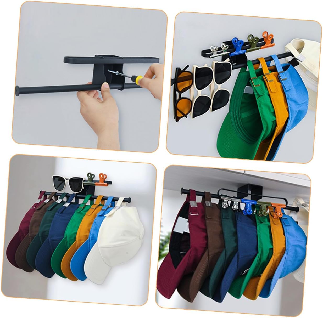 BESPORTBLE Wall-mounted Baseball Hat Rack Organizer with Carbon Steel Construction Multi-functional Hat and Eyewear Holder for Closet and Door Storage for Wall Display