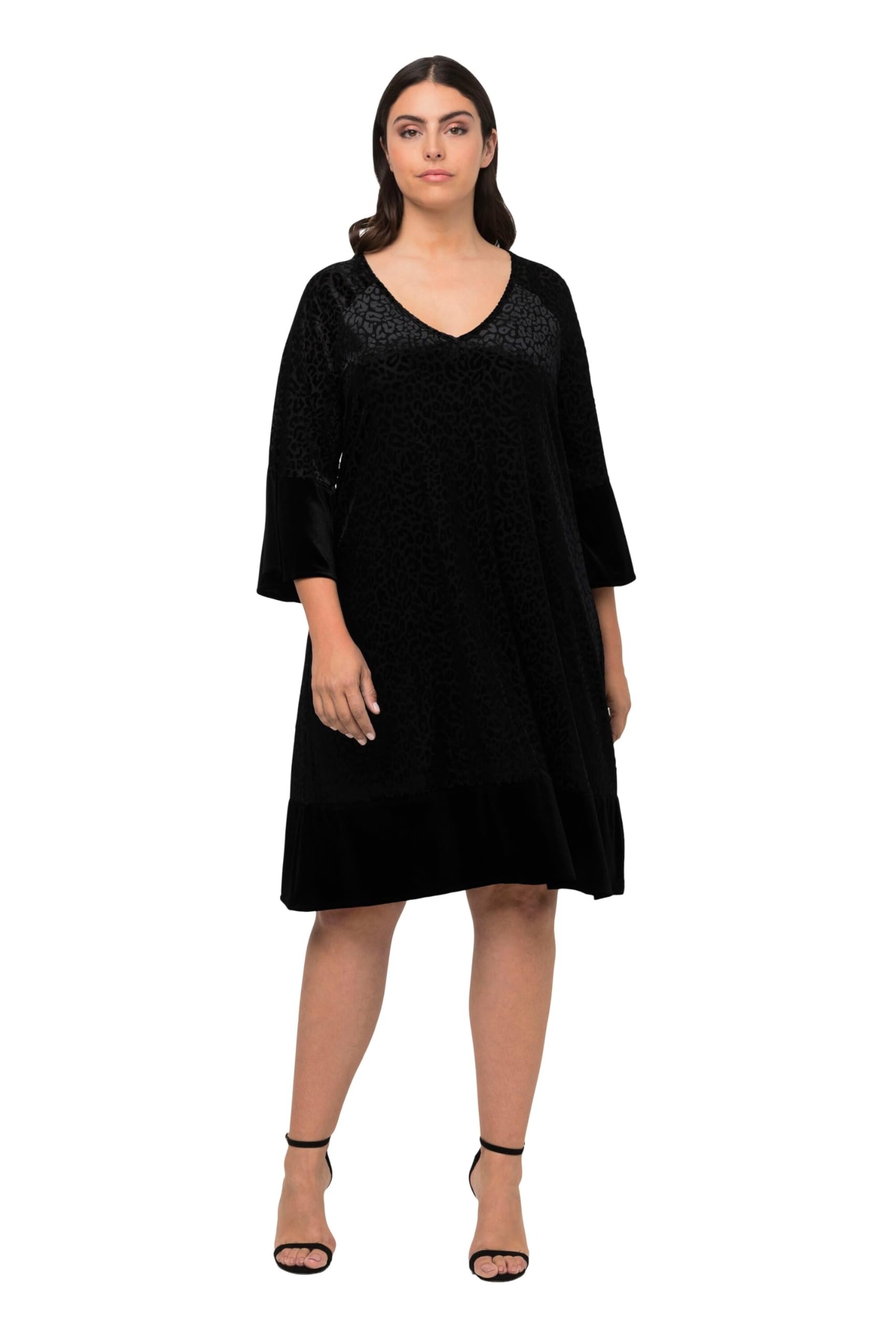 Ulla Popken Abito Midi dal Taglio Svasato con Design Leopardato, Scollo a Girocollo e Maniche a 3/4 821915