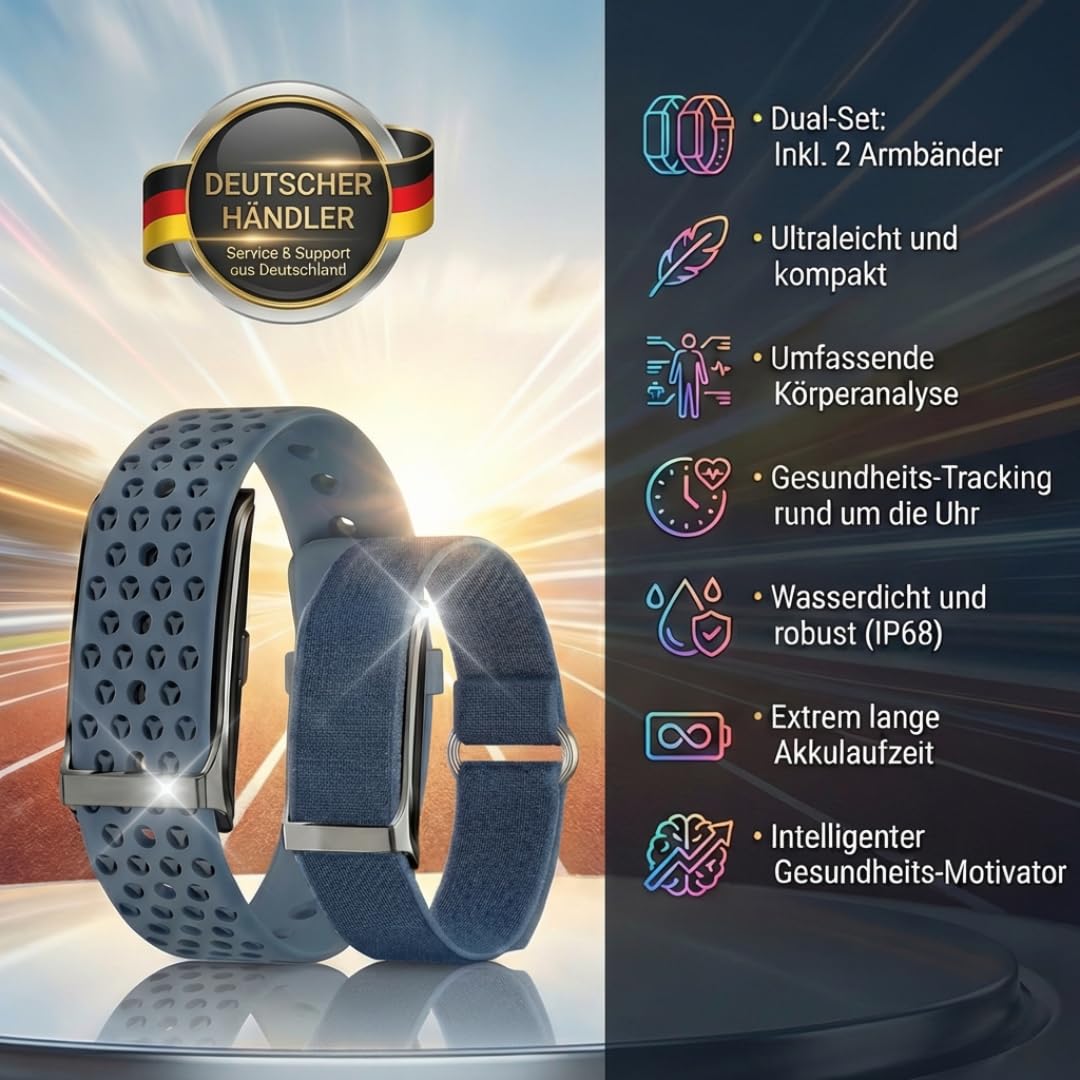Smartband Fitness Tracker Premium (ohne Display) | Inkl. 2 Armbänder | Schrittzähler, Puls & Schlaf etc. | 20 Tage Akku, IP68 Wasserdicht | Damen & Herren | Android & iOS