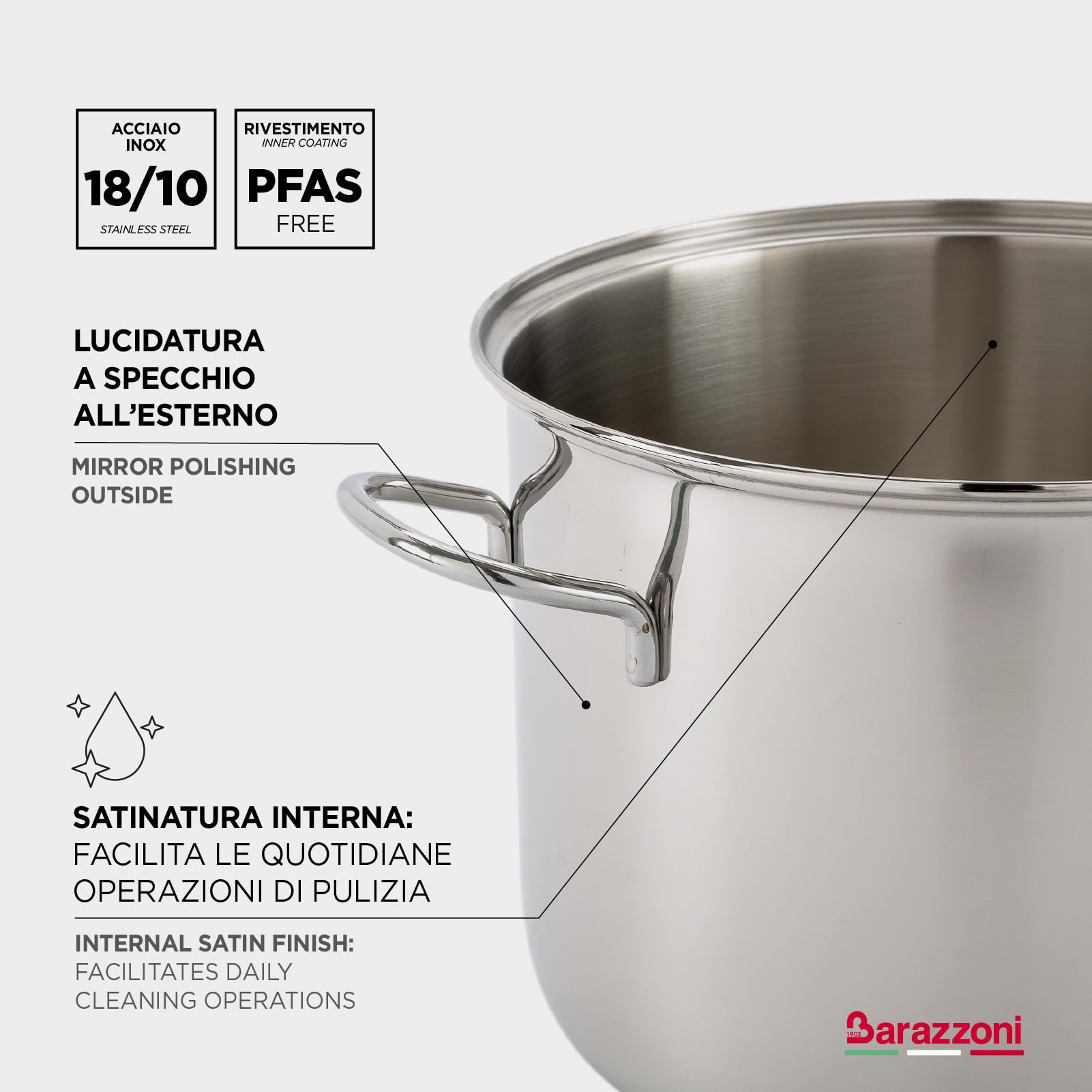Barazzoni, Casseruola ø16cm, Linea Bonita, Capacità 1,40Lt, Acciaio Inox 18/10, Adatto per Induzione, Made in Italy