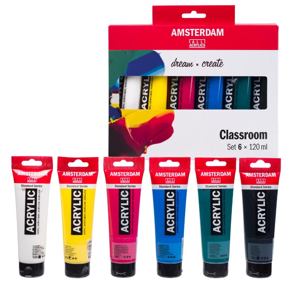 Amsterdam Standard Series Acrylic Paint Set | Color Theory Study Set (6 x 120 ml Tubes) | Primary Colors + Green, Black & White