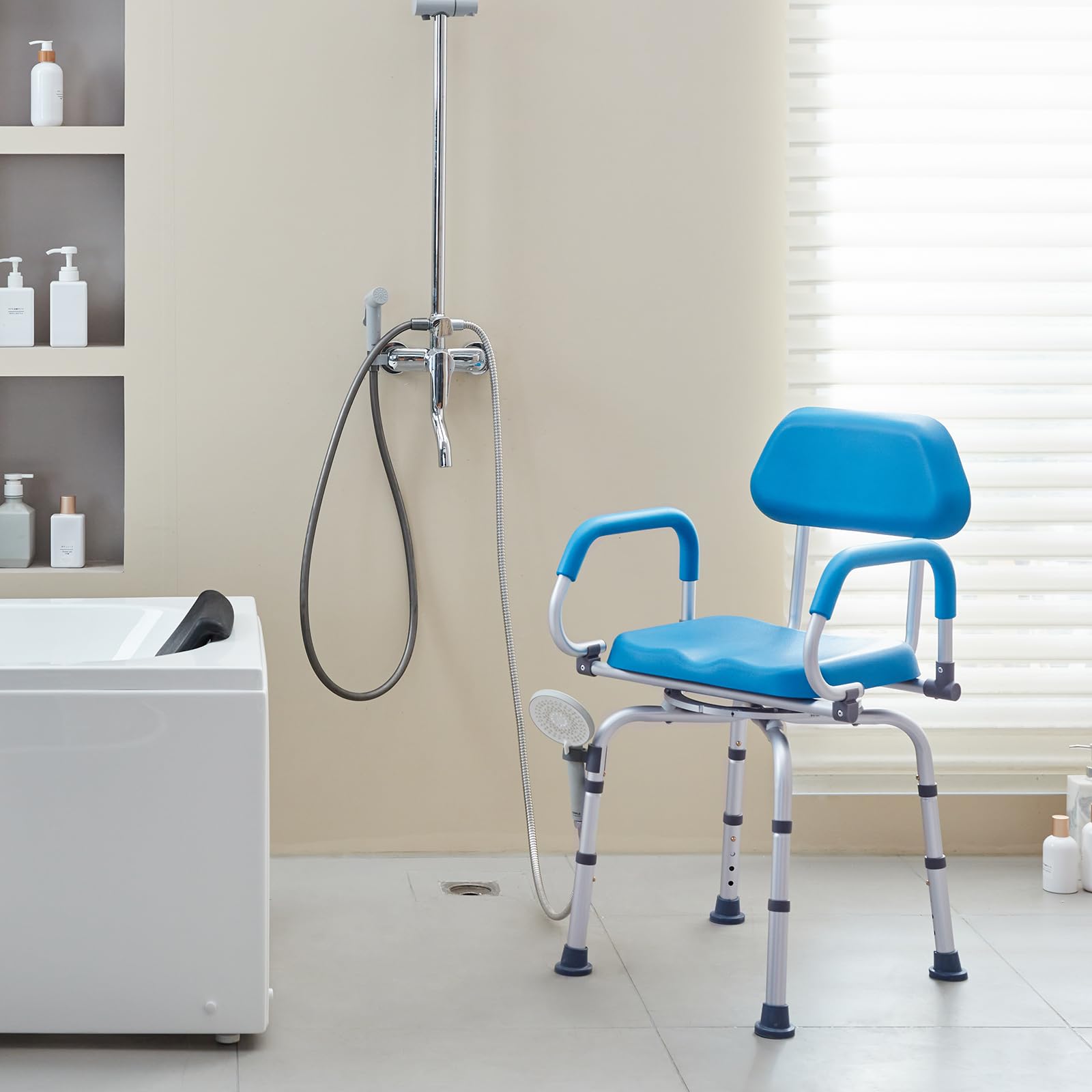 VEVOR Silla de Ducha Giratoria 360 ​​Grados con Brazos Pivotantes para Ducha o Bañera Interior, Silla Bañera Antideslizante para Personas Mayores Discapacitadas, Capacidad 135 kg, 530 x 520 x 850 mm
