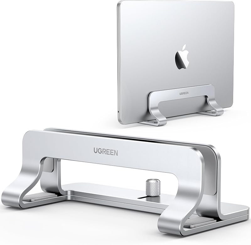 Soporte UGREEN para portátil vertical para escritorio compatible con MacBook Pro, soporte MacBook Air vertical de aluminio ajustable para portátiles para juegos de hasta 17,3 pulgadas, plateado