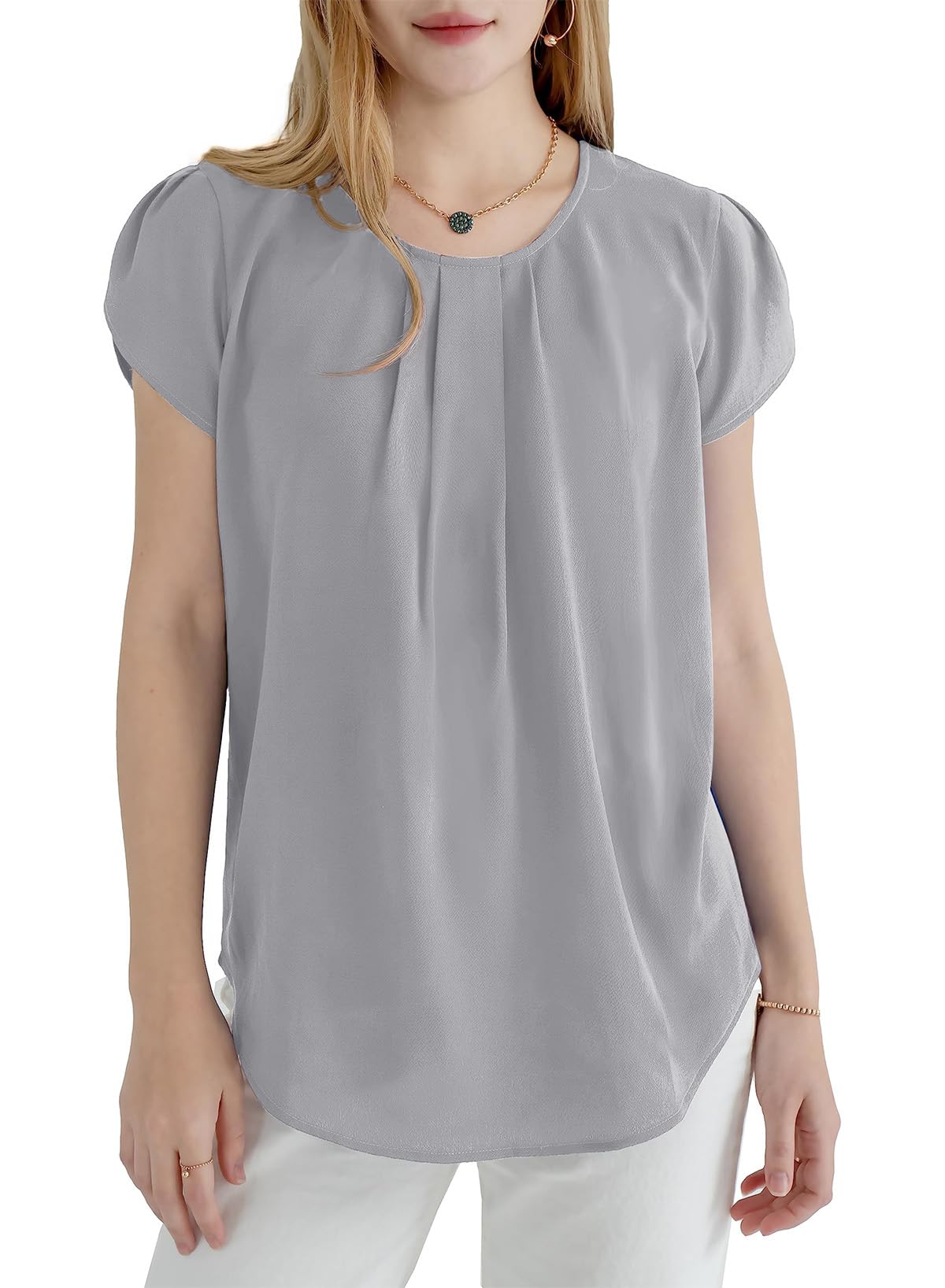 Dokotoo Women's Casual Round Neck Basic Pleated Tops Short Sleeve Loose Fit Curved Back Chiffon Blouses Tshirts