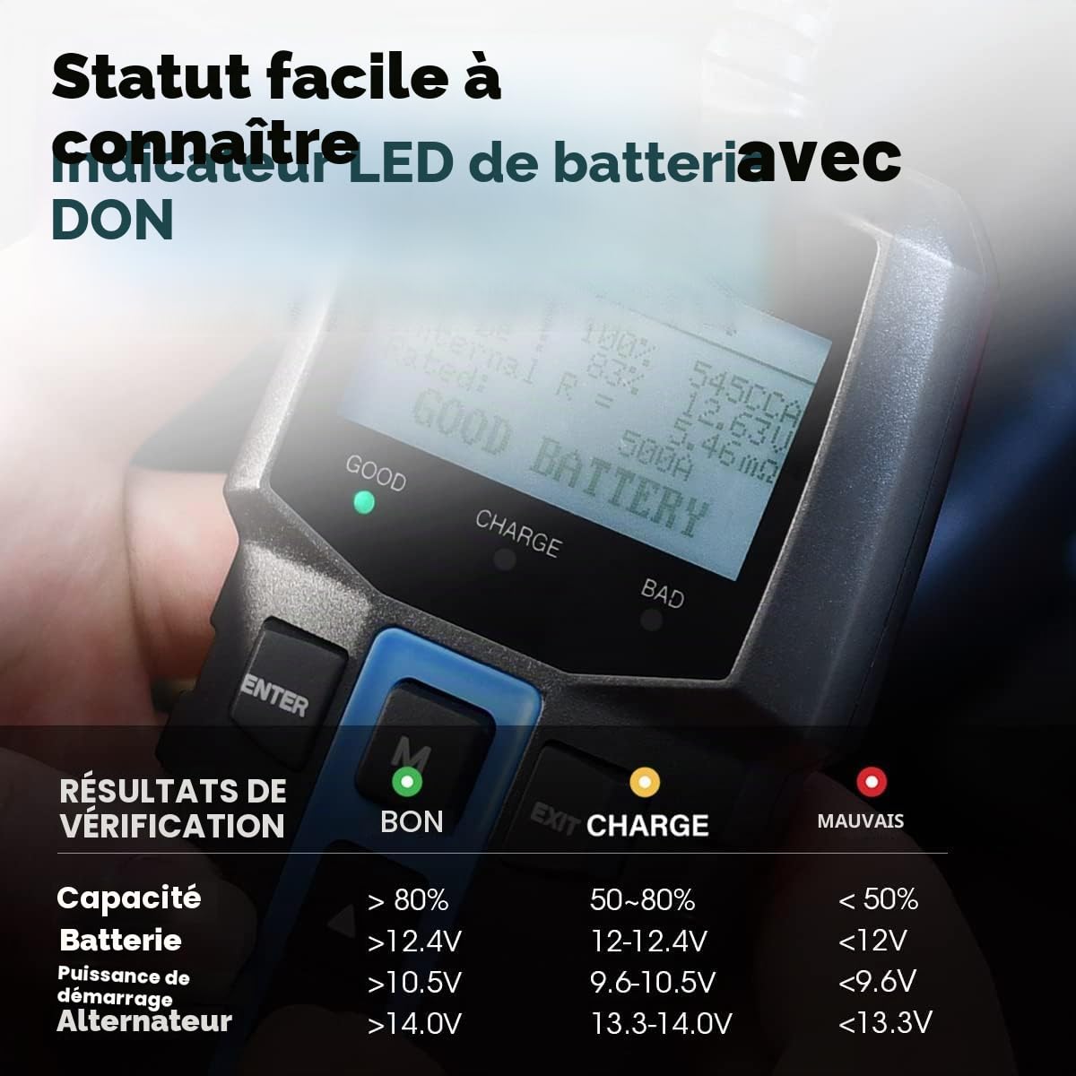 TOPDON Testeur de Batterie BT100, 12V Testeur batterie voiture100-2000 CCA Essai de charge de démarrage avec batterie pour Voitures Motos VTT VUS Yachts
