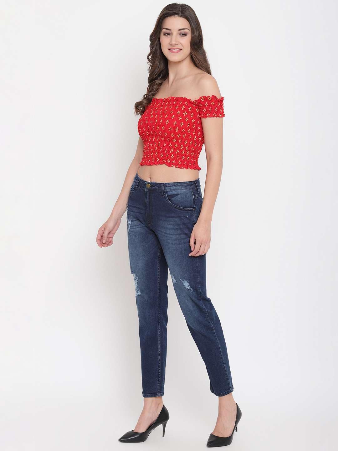 Zenvy Crafts Women's Rayon Printed Off-Shoulder Smocked Crop Top Short Sleeve Casual Styles Tank Top (Free Size) Multi9