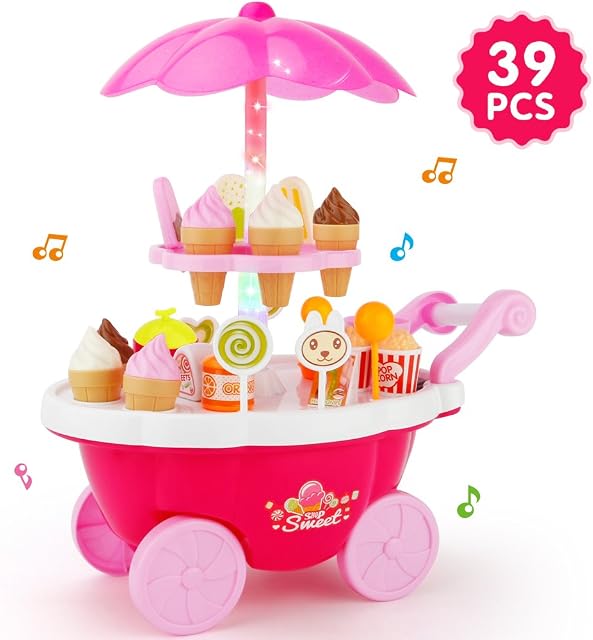JoyGrow Ice Cream Cart 39 PCS Pretend Play Food Dessert and Candy Trolley Set Toy with Music and Lighting Kids and Girls Toys(Size:34.5 * 19.5 * 38.5cm) (Pink)