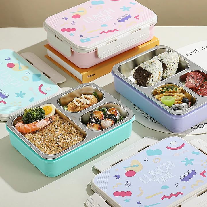 Image of Stainless Steel Lunch Box | 3-Compartment Bento Box, Leak-Proof, BPA-Free, Eco-Friendly Meal Prep Container for Adults, Kids, School, Work, & Travel | Durable & Portable Tiffin Box (Lavender)