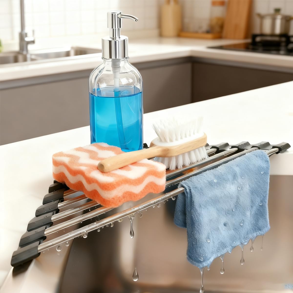 Credon Triangle Roll Up Dish Drying Rack Over The Sink Foldable Multipurpose Corner Sink Caddy Stainless Steel Anti