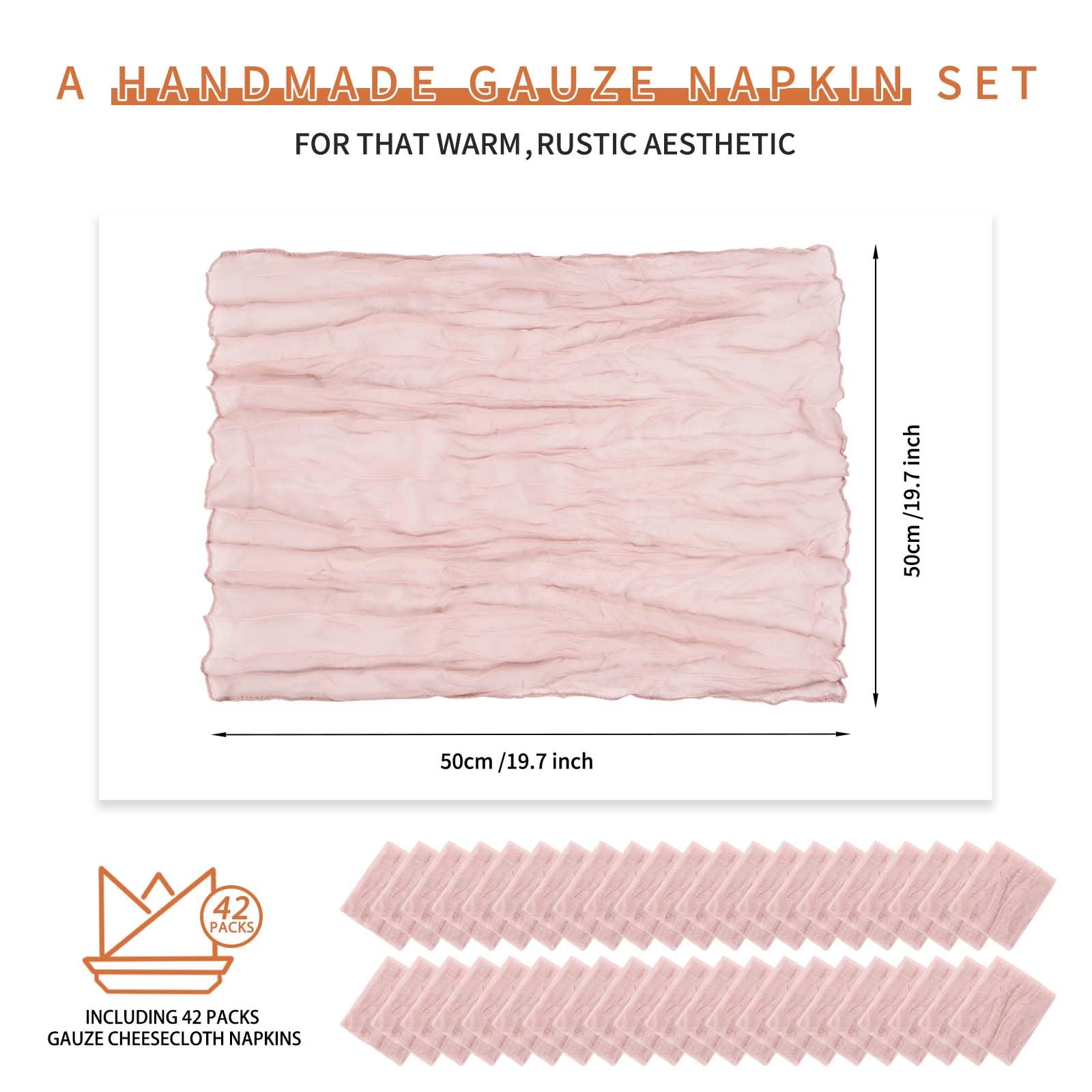 42 Packungen Gaze-Seihtuch-Servietten, 50,8 x 50,8 cm, Altrosa, faltige Dinner-Servietten, rosa, rustikale Boho-Servietten, weiche Baumwolltuchservietten für Hochzeit, Party, Event, Abendessen,