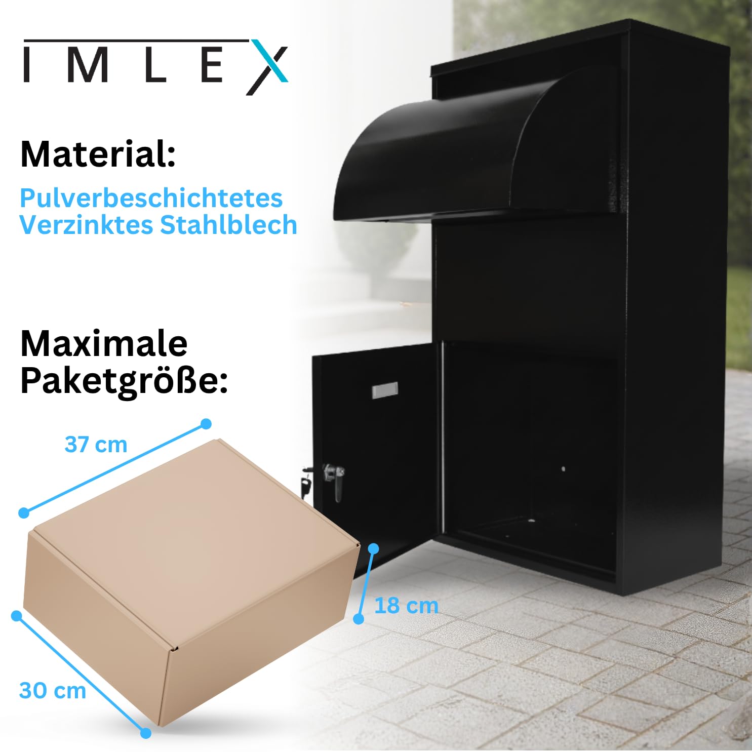 IMLEX Paketbox Paketbriefkasten IM-PB75 Paket Box | Briefkasten mit Paketfach | Wand- und Bodenmontage | Paketgröße bis zu 37x30x18 cm (Schwarz)