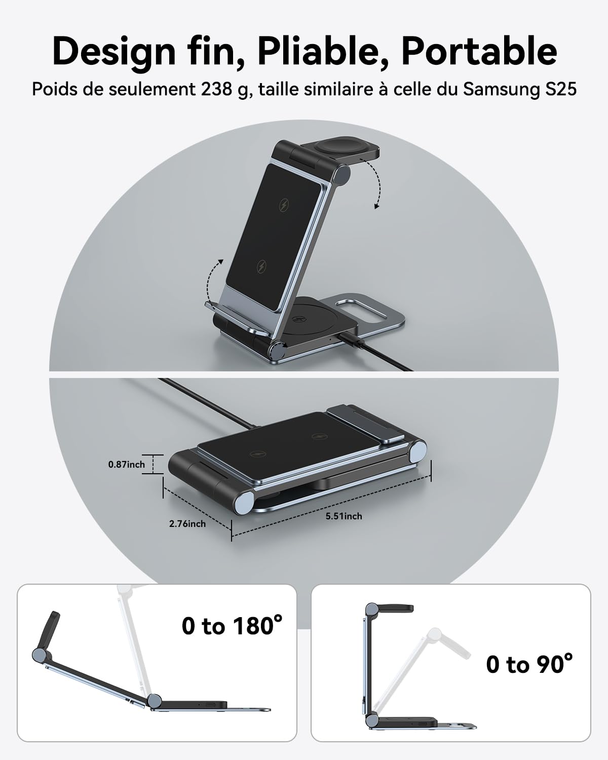 Chargeur Induction 3 en 1 pour Samsung S25 Ultra S24 S23 Z Flip Z Fold 6 5 Pliable Chargeur Rapide sans Fil pour Galaxy Watch 7/6/5 Pro/4/3, Station de Charge pour Galaxy Buds 2 Pro/5 Ink Blue