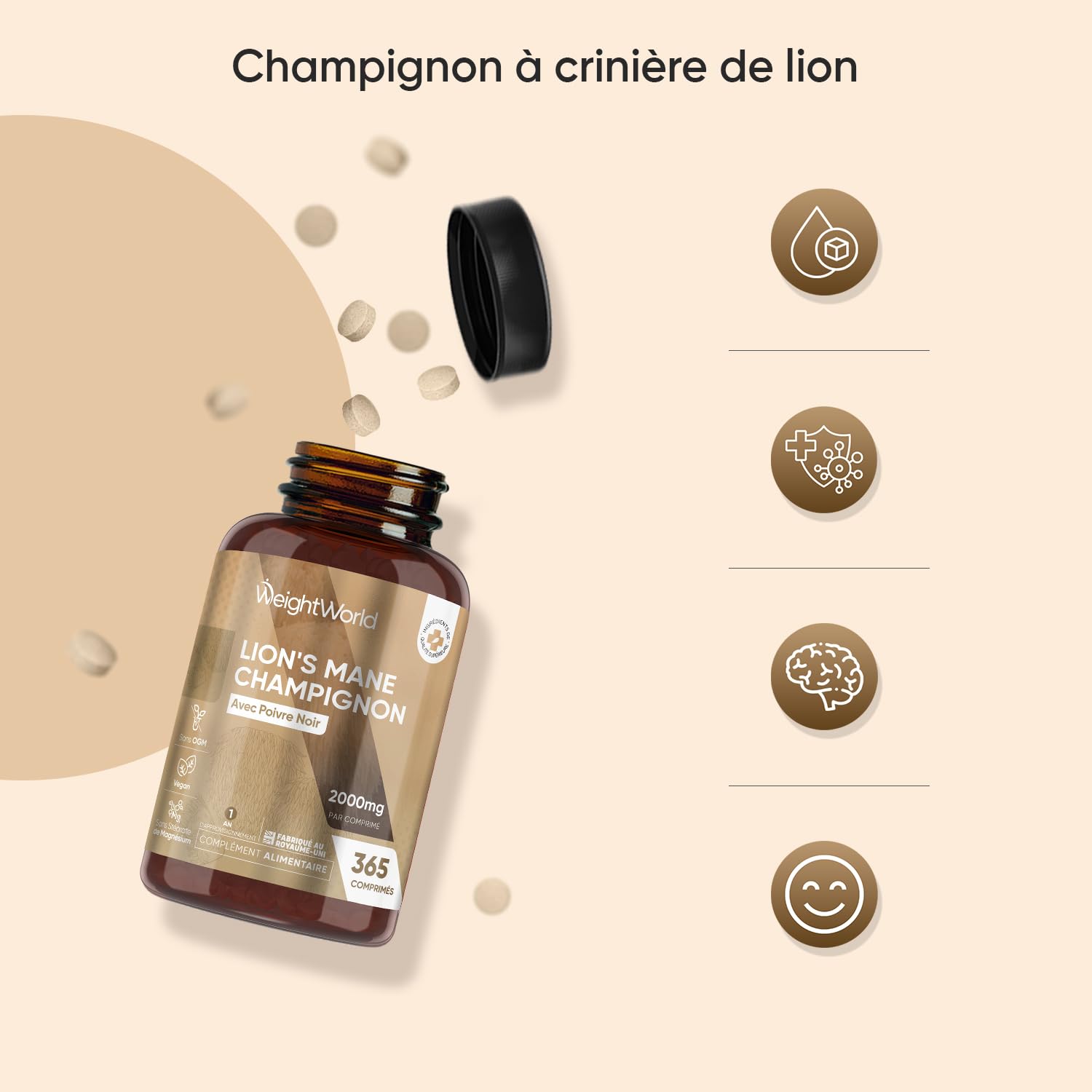 Lions Mane Champignon 2000mg 365 Micro-Comprimés Vegan (1 An), avec Poivre Noir Fournit 50% de Polyphénols, Extrait d'Hericium Erinaceus 25:1 Champignon Crinière de Lion sans Stearate de Magnésium