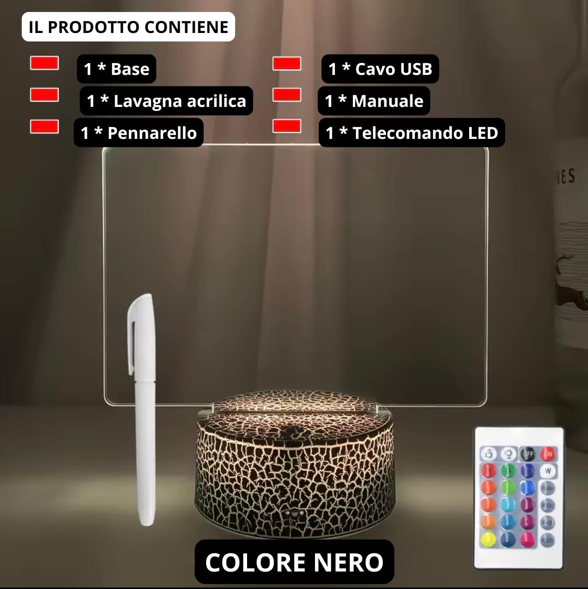 Lavagna in Acrilico Cancellabile, luci LED con 16 colorazioni, telecomando e pennarello, Tavolo da Disegno (Nero)
