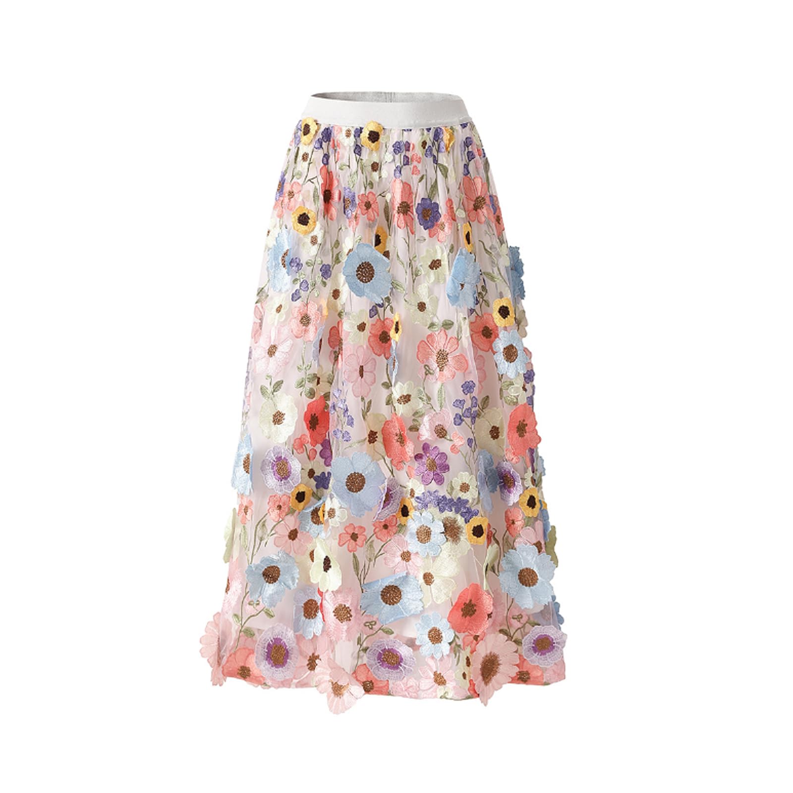 Damen-Midi-Tüllrock mit 3D-Blumenstickerei, Vintage-Stil, elastisch, hohe Taille, Stickerei, Sonnenblumen-Mesh, A-Linien-Rock