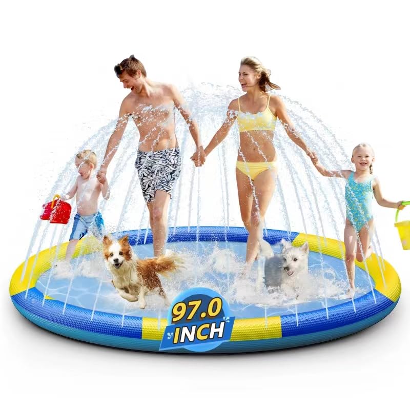 Splash Pad Sprinkler for Kids, 97" Extra Large Non-Slip Baby Play Mat, Dog Pool Toys, Toddler Outdoor Toys for Ages 3-12 Boys Girls, Summer Outdoor Water Kids Toys, Parent-Kids Games, Backyard, Lawn