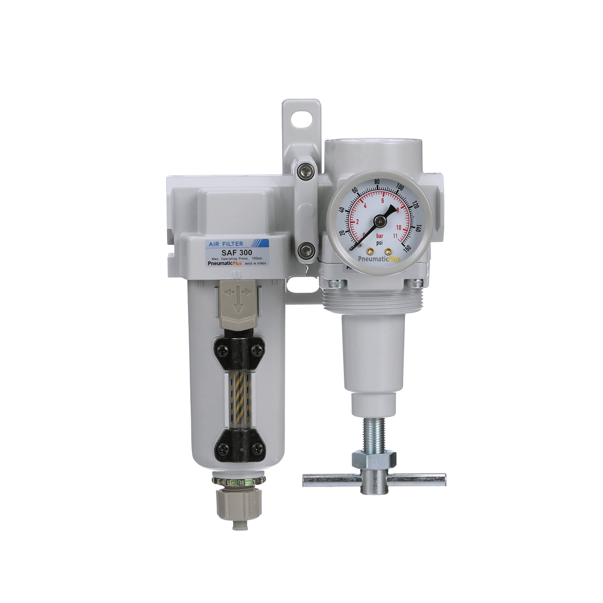 PneumaticPlus SAU320T-N03G-MEP Air Filter Regulator Combo 3/8" NPT -T-Handle, Manual Drain, Metal Bowl