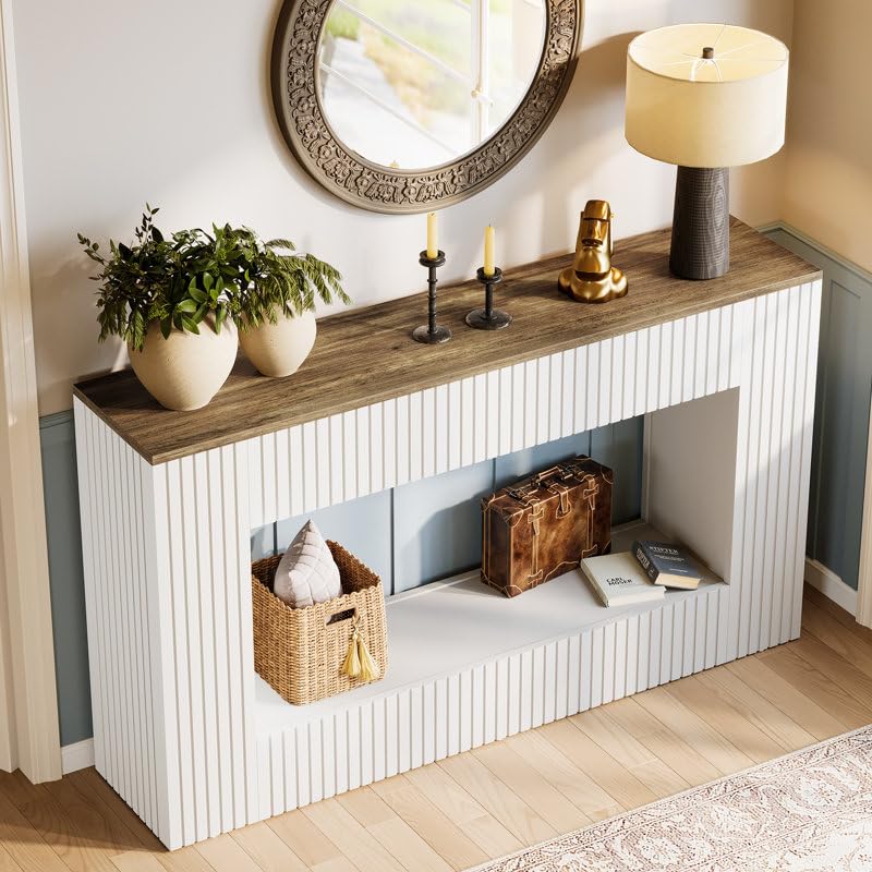 AESTHETIC DECOR Wooden Console Table in Solid Mango Wood with White Base and top Natural Finish for livingroom, Hall, enterway, Office Size 55 Lenght*34 Hight*12 Depth inch (White)-image-35