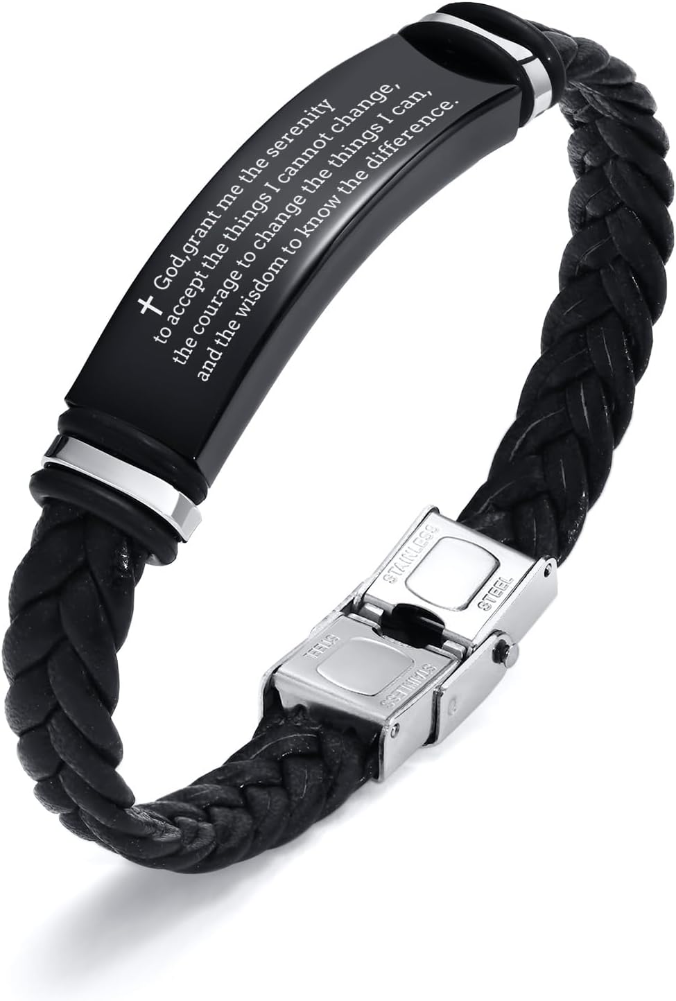 Leather Bracelet Sobriety Gifts for Men : Inspirational Quote/Bible Verse Engraved Braided Black Mens Bracelet for Him, Customized Religious Christian Gift Jewelry for Son/Dad/Boys/Boyfriend/Husband