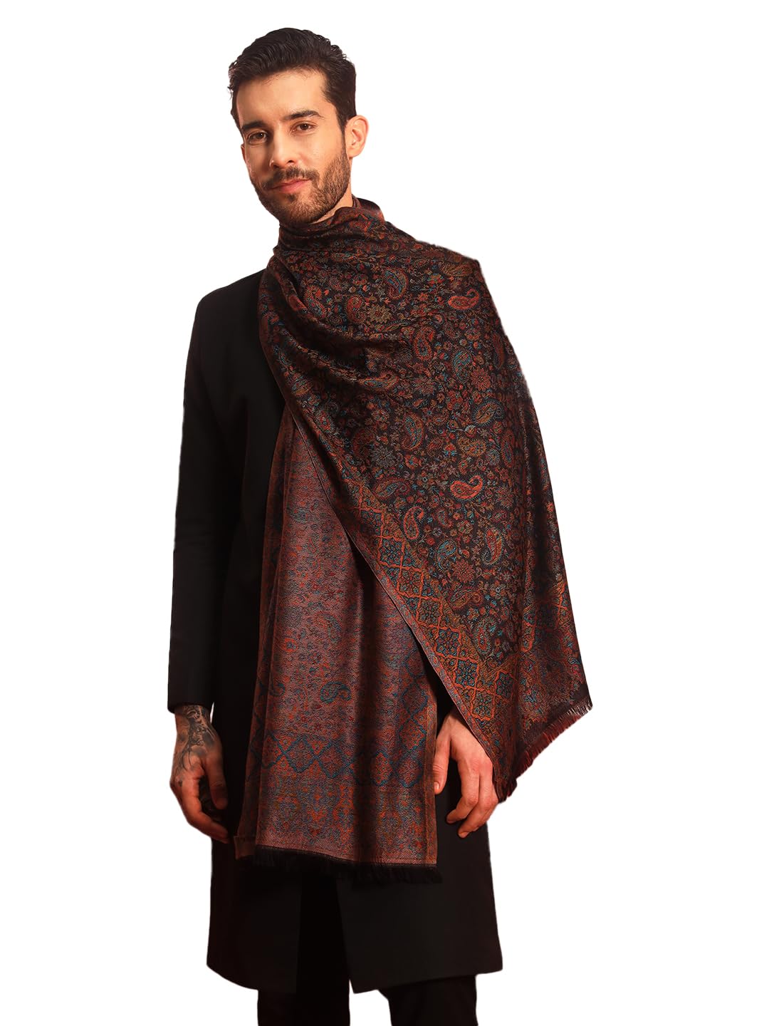 Men Chandni Kaani Stole, Authentic Kashmiri Luxury Pashmina Style Shawl, Stole, Small Size Gents Lohi, (Size 28x80 Inches)